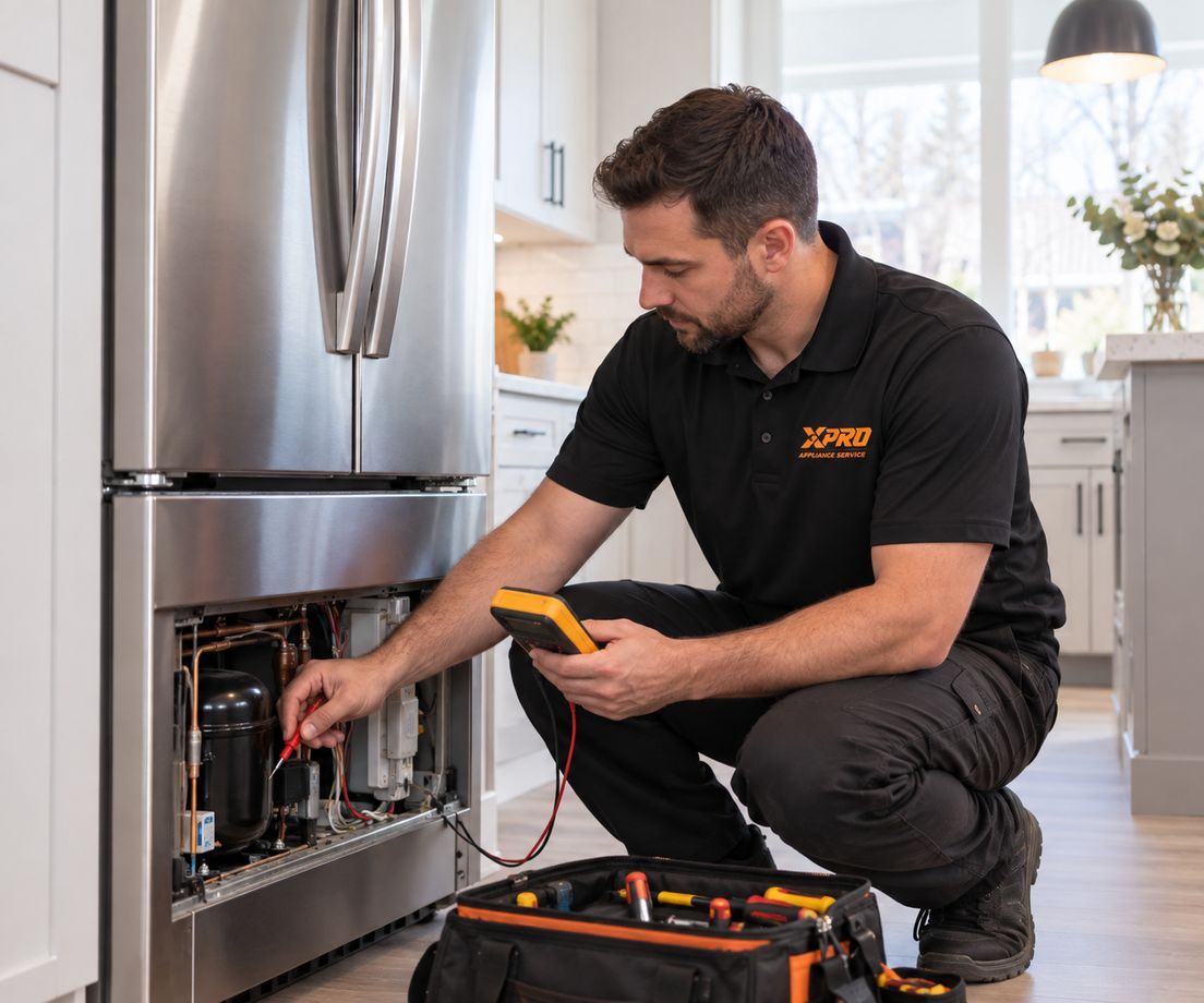 X-Pro technician using a multimeter to test the compressor of a French-door refrigerator