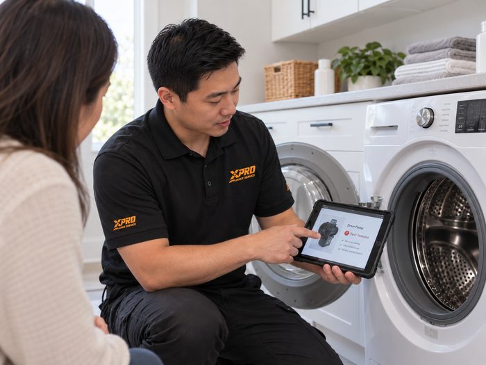 X-Pro technician showing a customer the fault found on her washing machine
